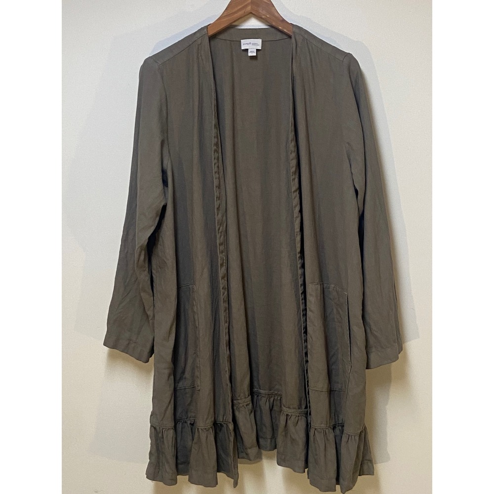 Pure Jill Cardigan Women Large Brown Garment Dyed Linen Ruffle Hem Open Front